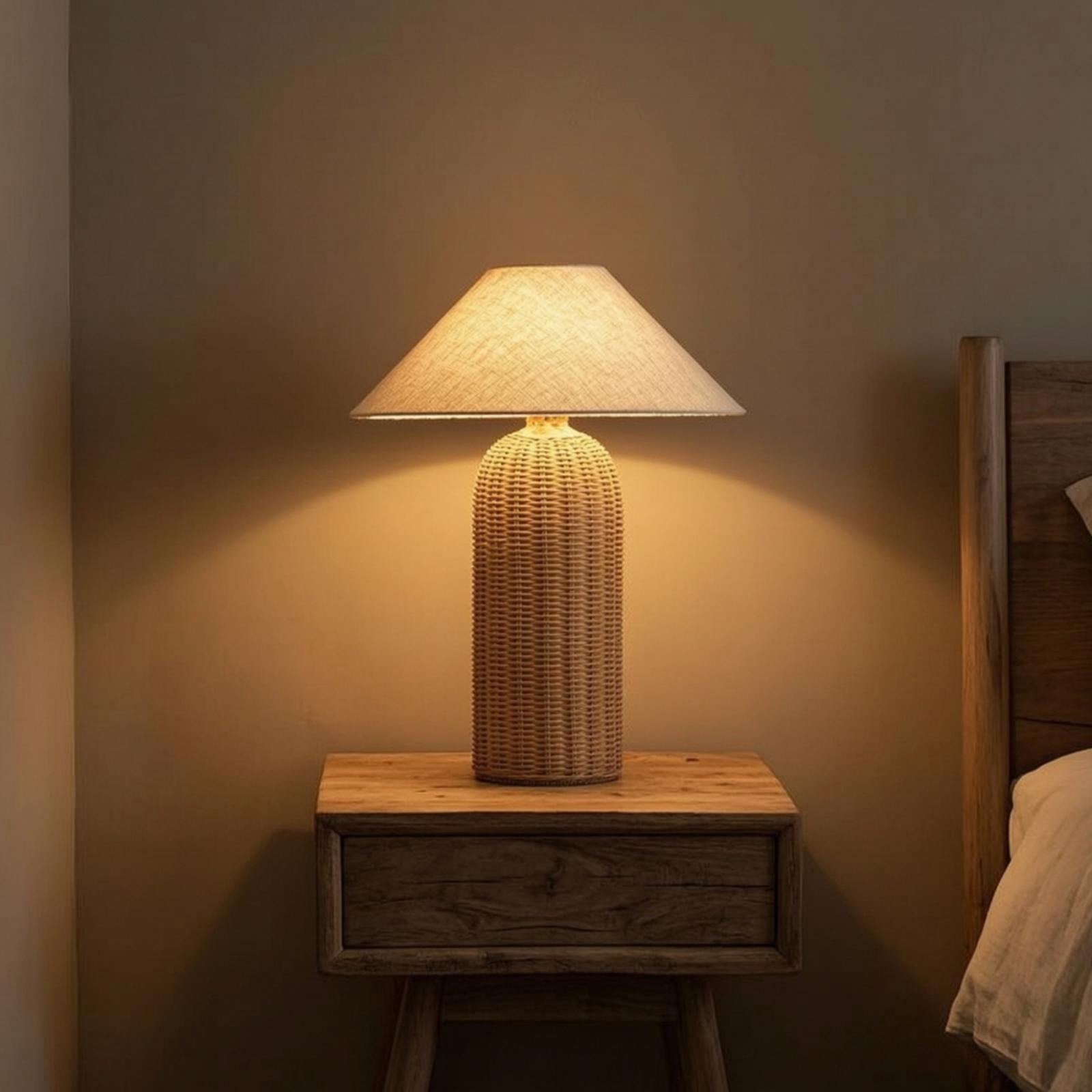 Lighting Decor For Living Room - Nachttischlampe mit Rattanfuß und Stoffschirm, Dekorative