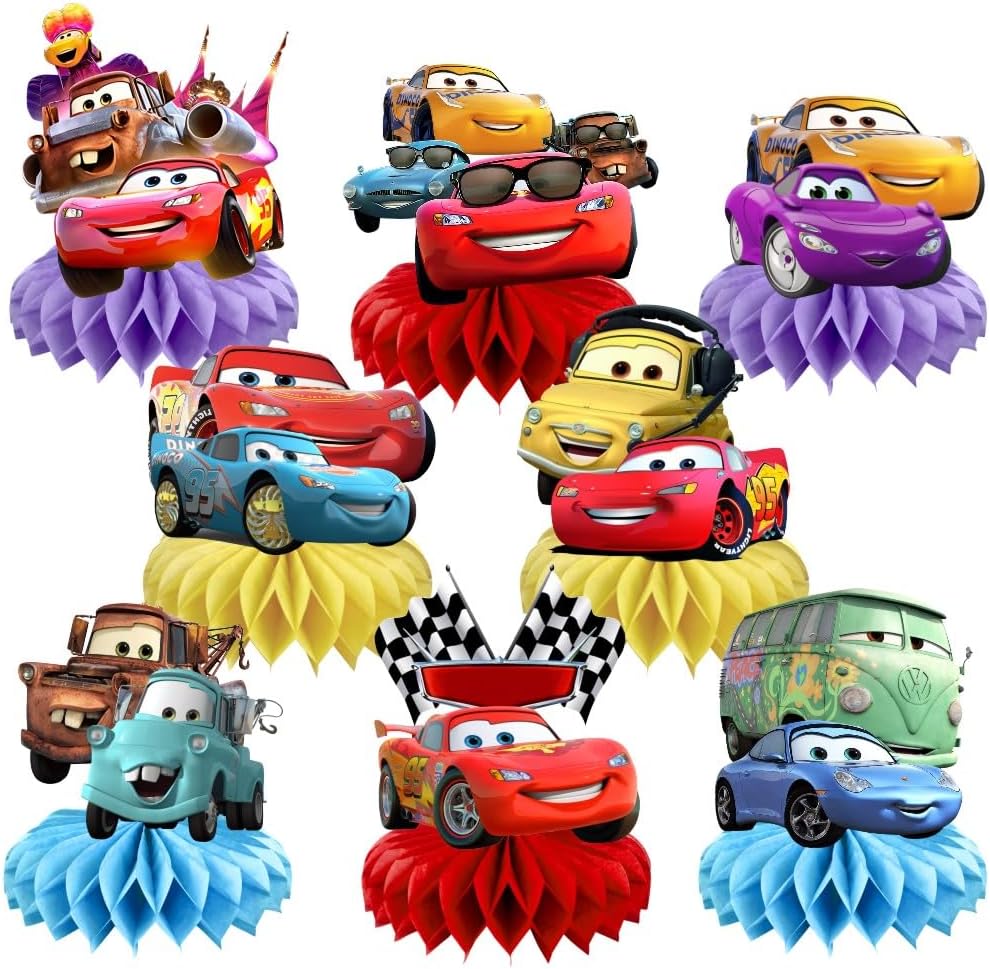 Lighting Mcqueen Decor - Auto-Wabenförmige Tischdekoration, 8-teiliges Set Rennwagen-Themen-Tischdekoration, Cartoon-Rennwagen-Figuren