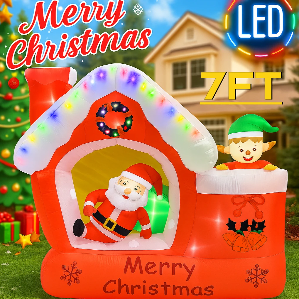 Santa'S Elves Holiday Lighting & Decor Llc - 7FT riesiges aufblasbares Weihnachts-Weihnachtsmann-Spielzeug, Elfenhaus mit